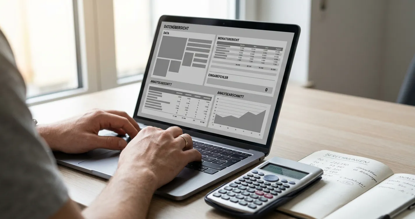 Workspace mit Laptop und Taschenrechner zur Analyse von 10-Euro-Sportwetten