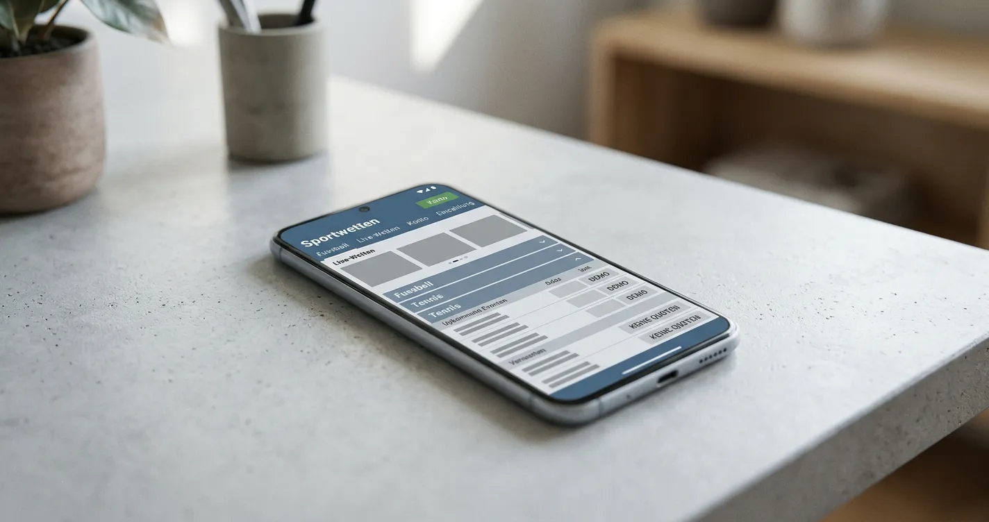 Smartphone mit Sportwetten-Interface und symbolischer 5-Euro-Mindesteinzahlung