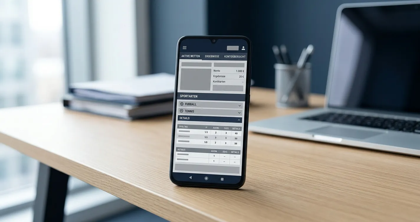 Android-Smartphone mit Sportwetten-App auf dem Bildschirm in neutraler Büroumgebung