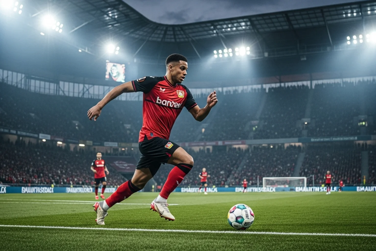 Fußballspieler in rotem und schwarzem Trikot sprintet mit dem Ball im DFB-Pokal-Spiel unter Flutlicht