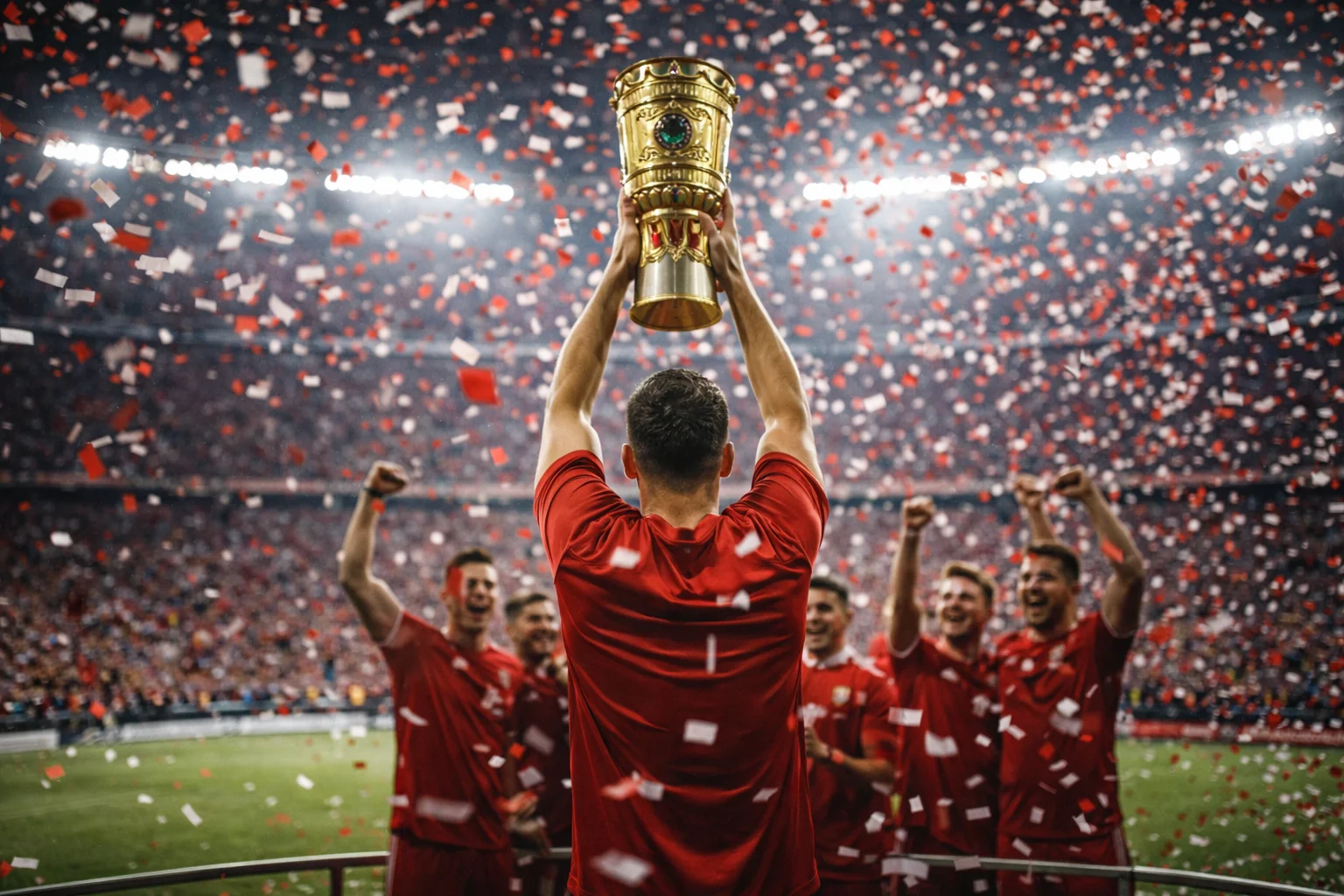Fußballspieler in rotem Trikot hebt den DFB-Pokal in einem vollen Stadion bei der Siegerehrung