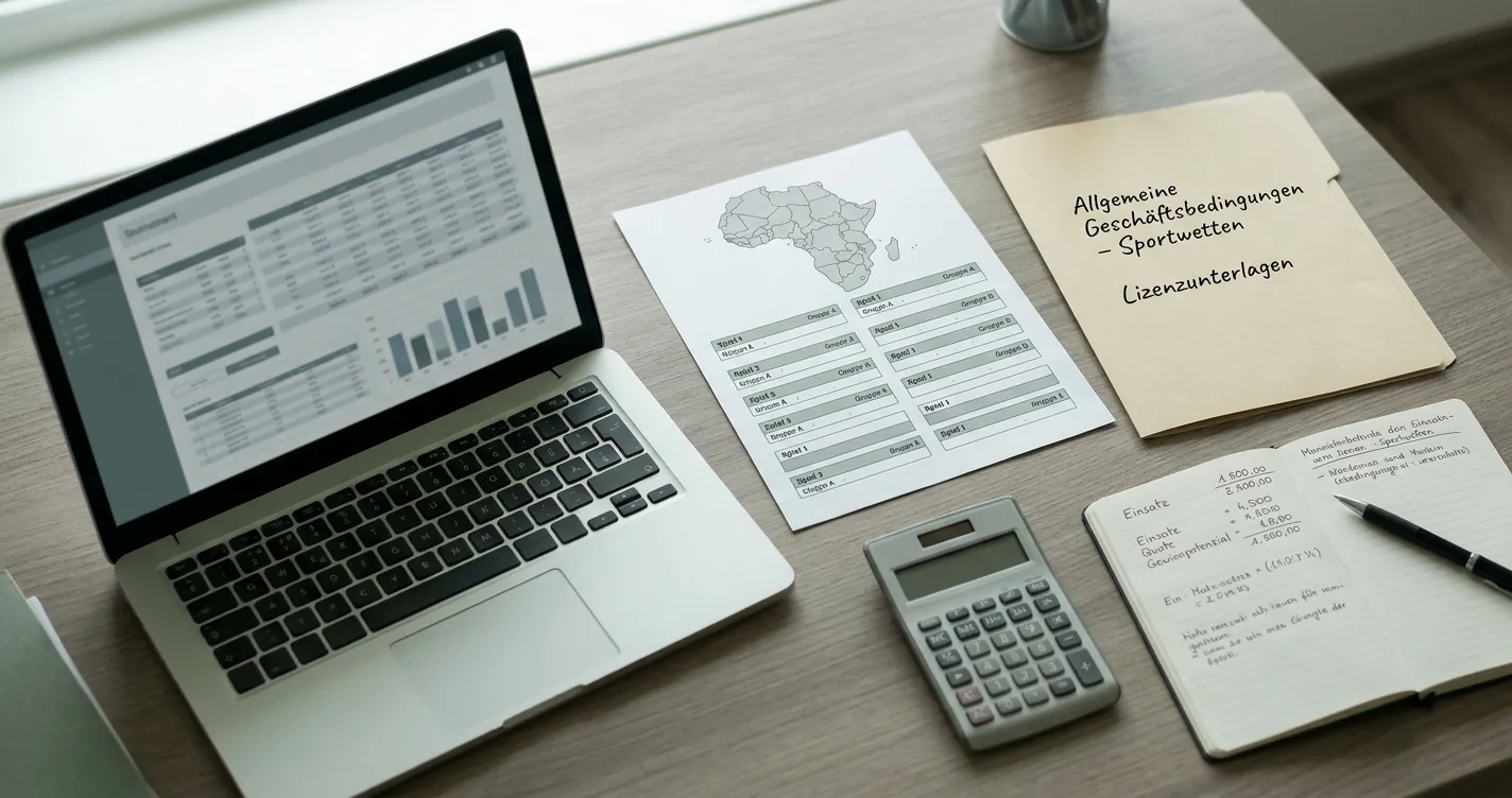 Arbeitsplatz mit Turnierkalender und Lizenzunterlagen zum Afrika-Cup