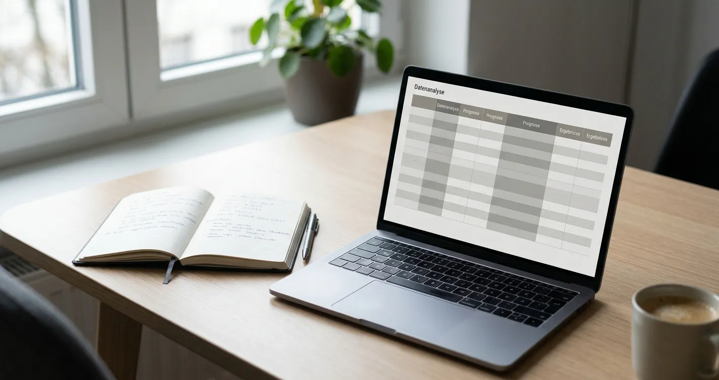 Arbeitsplatz mit Laptop und Statistiken zu Sportturnieren