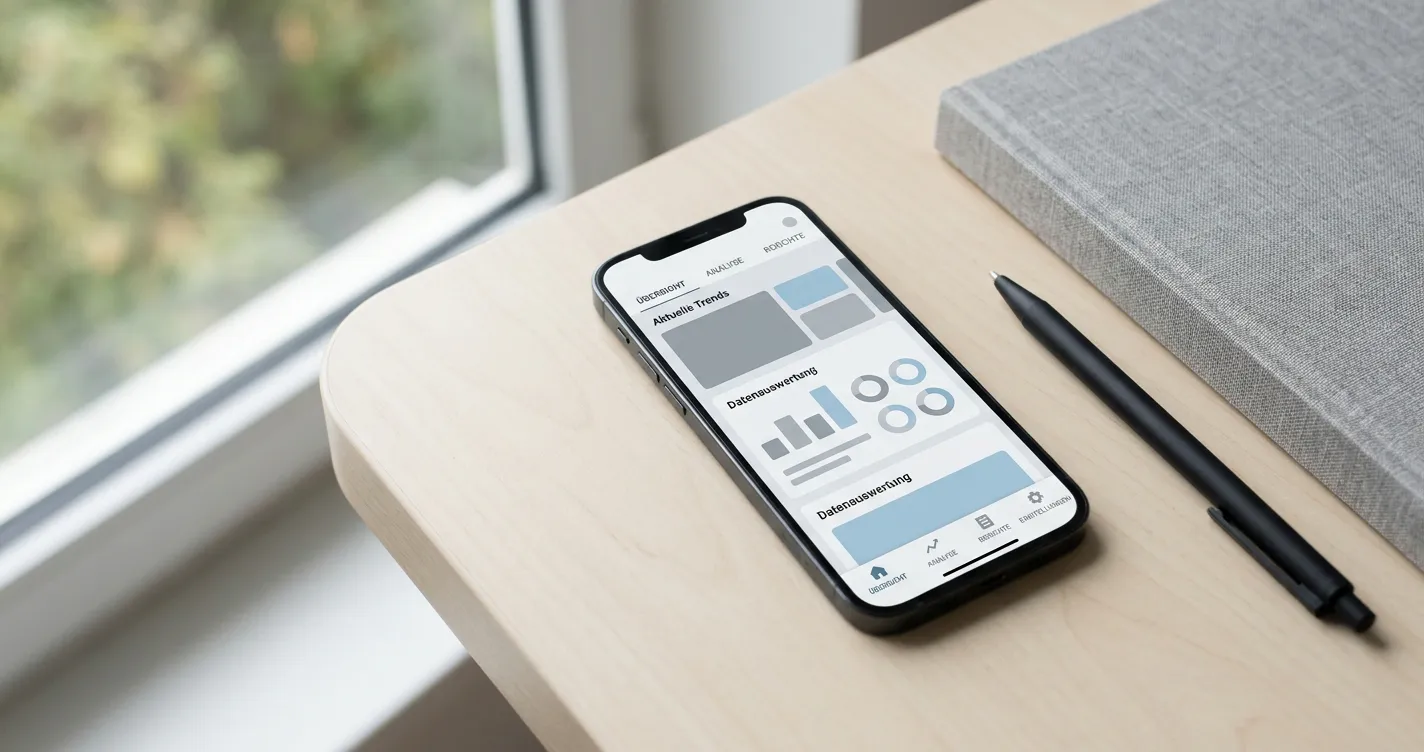 Smartphone mit abstrakten App-Oberflächen auf neutralem Hintergrund