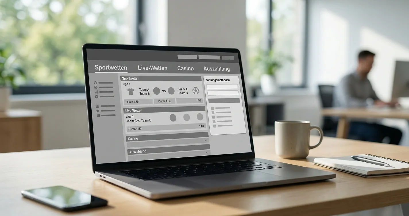 Laptop mit abstraktem Wettanbieter-Interface und Prepaid-Zahlungsbereich auf neutralem Schreibtisch