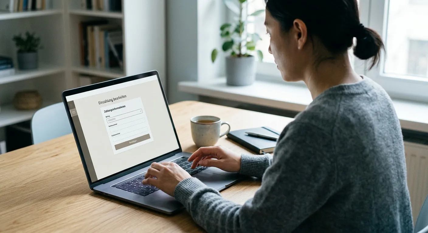 Nutzer richtet Bitcoin-Zahlung am Laptop ein