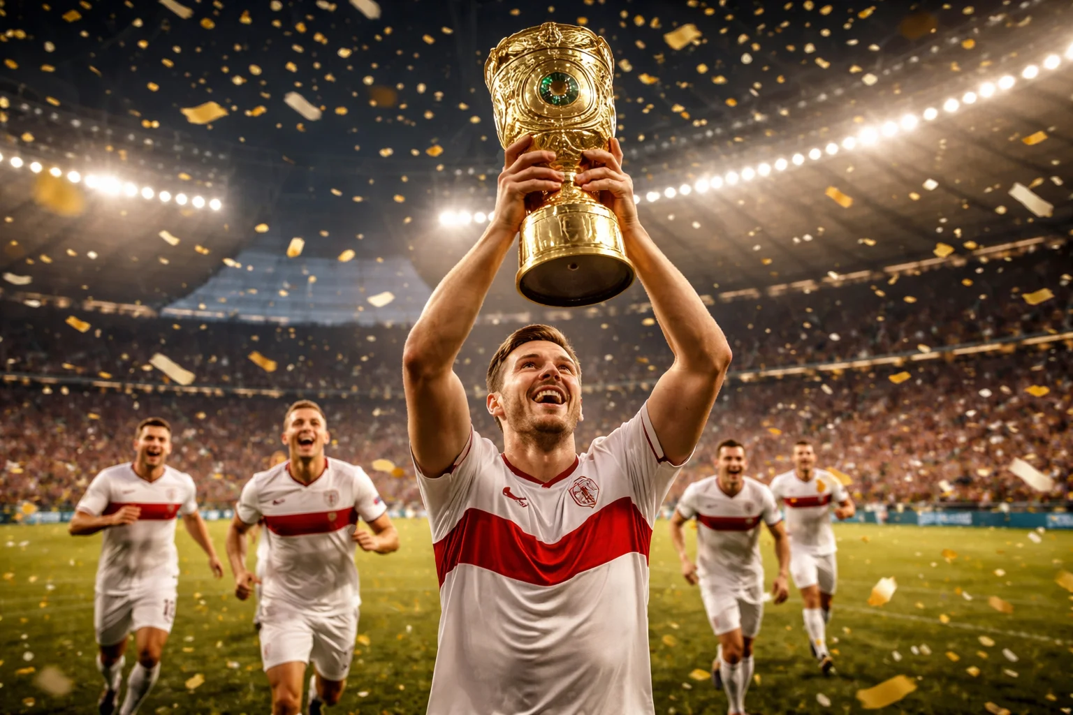 VfB Stuttgart feiert den DFB-Pokalsieg 2025 im Olympiastadion Berlin