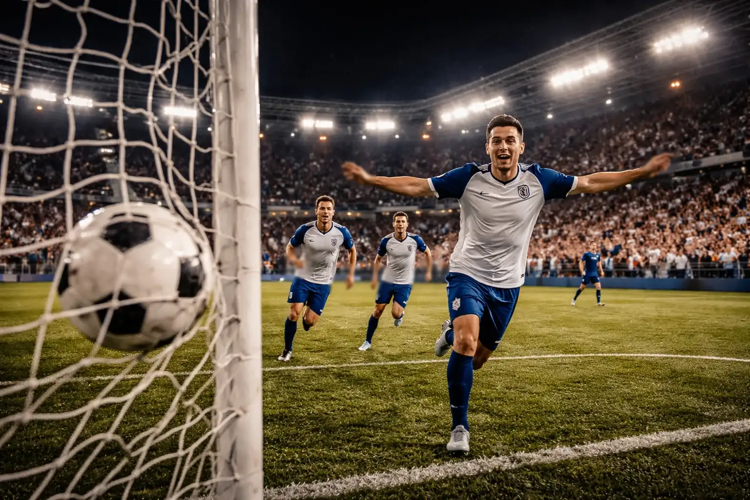 Fußballtor-Szene im Achtelfinale des DFB-Pokals mit jubelnden Spielern und vollen Tribünen