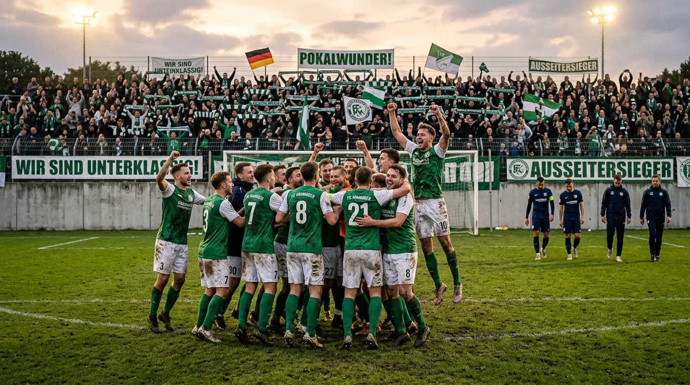 Jubelnde Amateurmannschaft nach einem Pokalsieg gegen einen Bundesligisten im DFB-Pokal