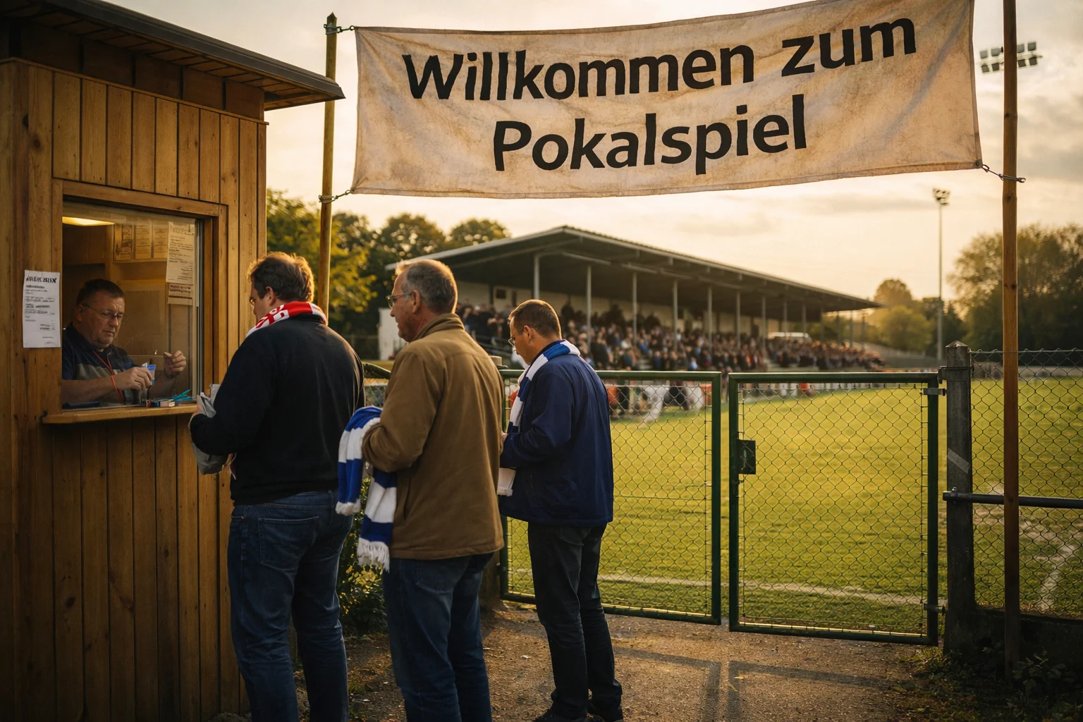 Kleiner Amateurverein-Stadioneingang mit Ticketkasse und DFB-Pokal-Plakat an einem Spieltag