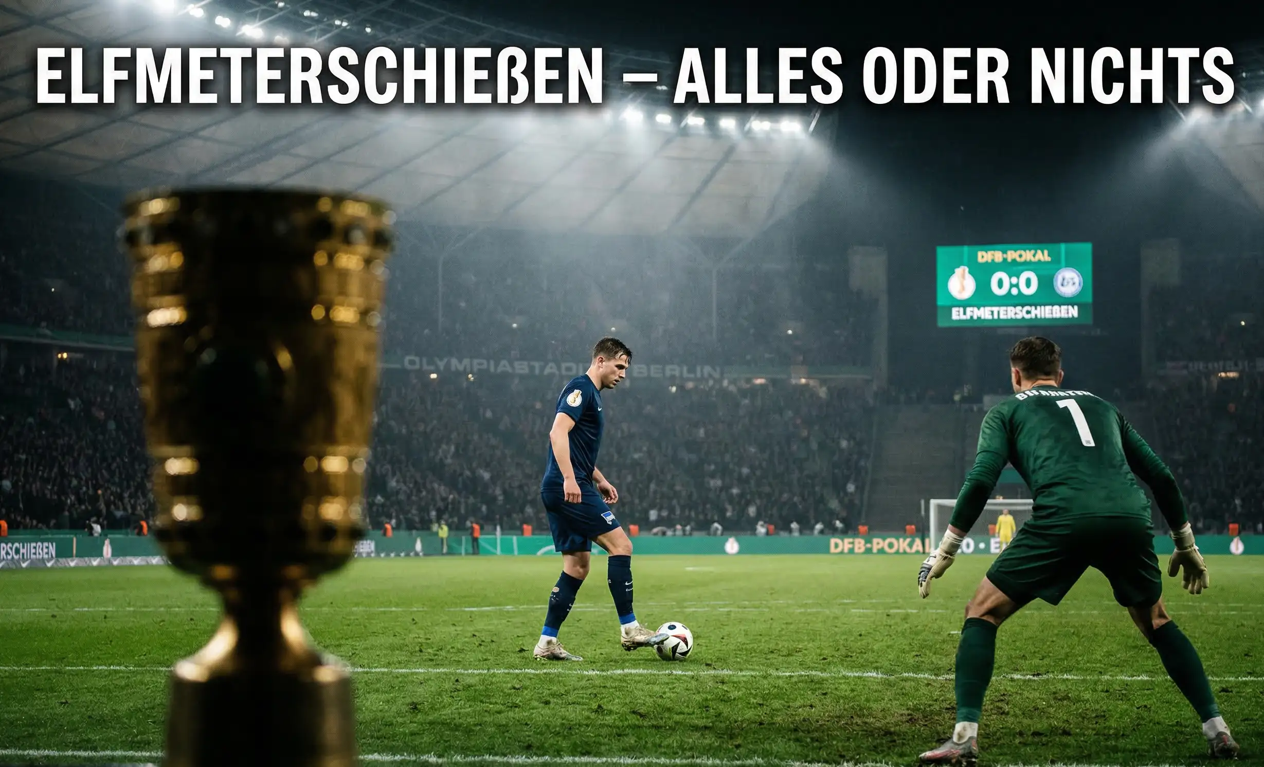 Elfmeterschütze vor dem Tor beim Elfmeterschießen im DFB-Pokal mit angespannter Atmosphäre im Stadion