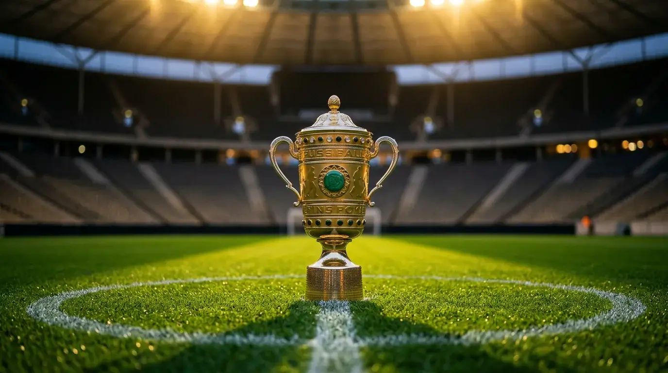 DFB-Pokal Ergebnisse 2025/26 – Pokal-Trophäe auf dem Rasen im Stadionlicht