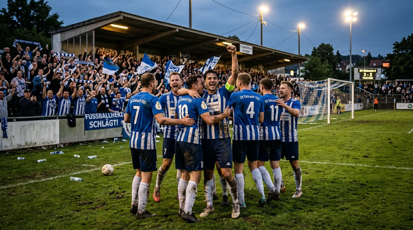 Jubelnde Amateurfußballer auf einem Fußballplatz nach einem Pokalsieg in der ersten Runde