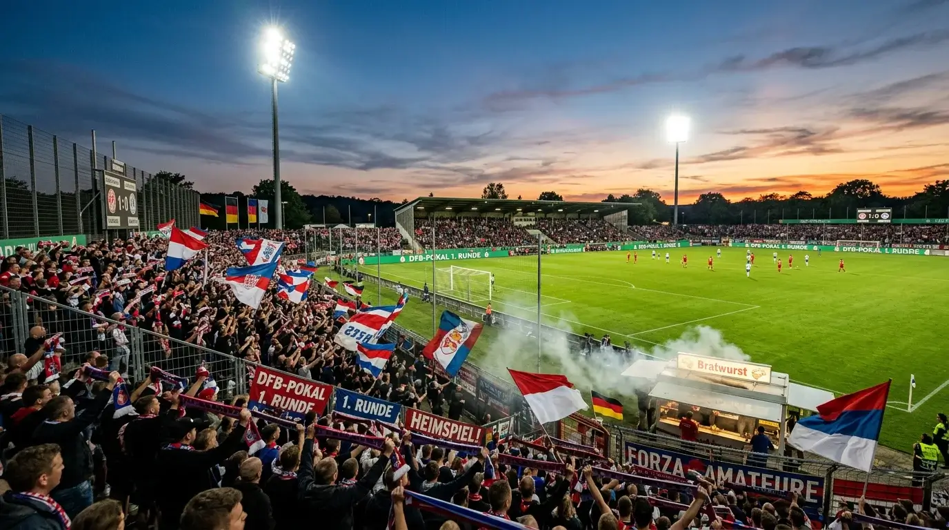 DFB-Pokal 1. Runde 2025 – ausverkauftes Amateurstadion bei Flutlicht im Pokalsommer