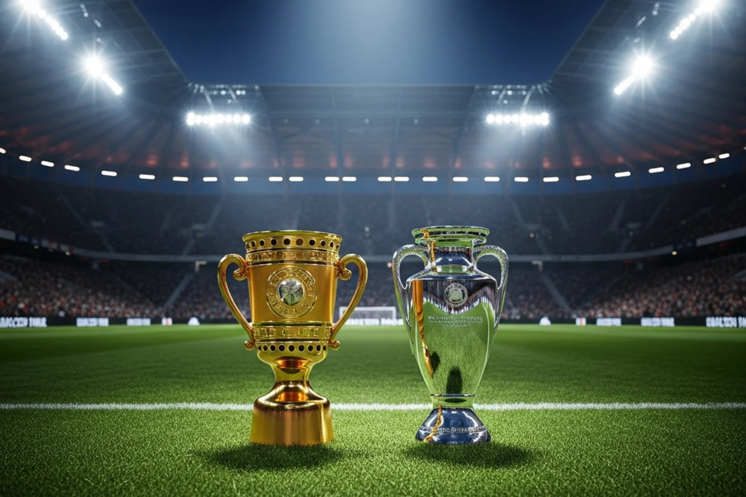 DFB-Pokal-Trophäe neben dem Europa-League-Pokal auf einem Fußballfeld unter Flutlicht