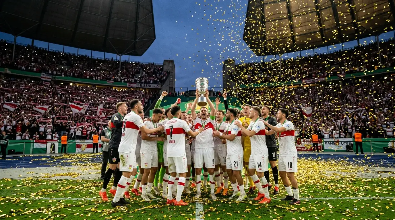 DFB-Pokal Finale 2025 – Mannschaft feiert Pokalsieg im Olympiastadion Berlin