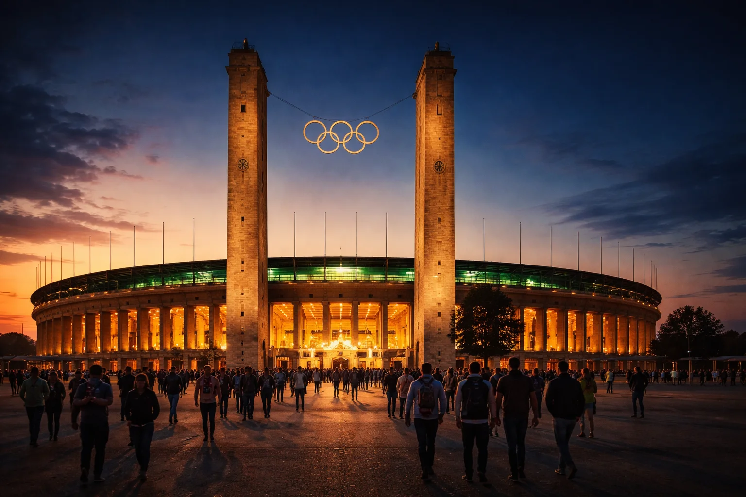 Berliner Olympiastadion von außen am Abend mit festlicher Beleuchtung vor dem DFB-Pokalfinale