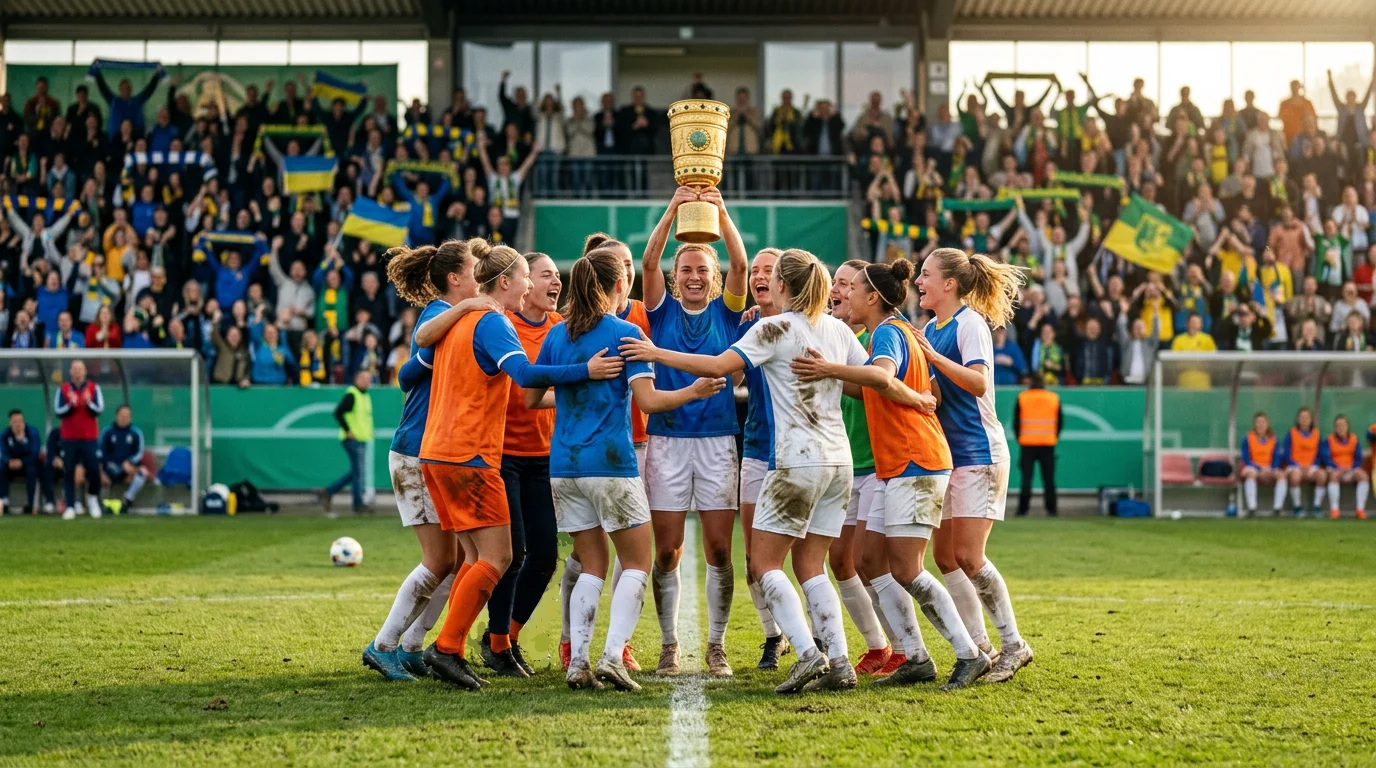 DFB-Pokal der Frauen – Spielerinnen im Zweikampf mit der Pokal-Trophäe im Hintergrund