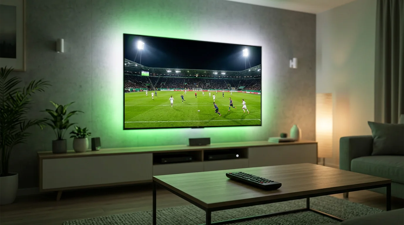 Fernseher zeigt ein Live-Fußballspiel des DFB-Pokals in einem Wohnzimmer am Abend