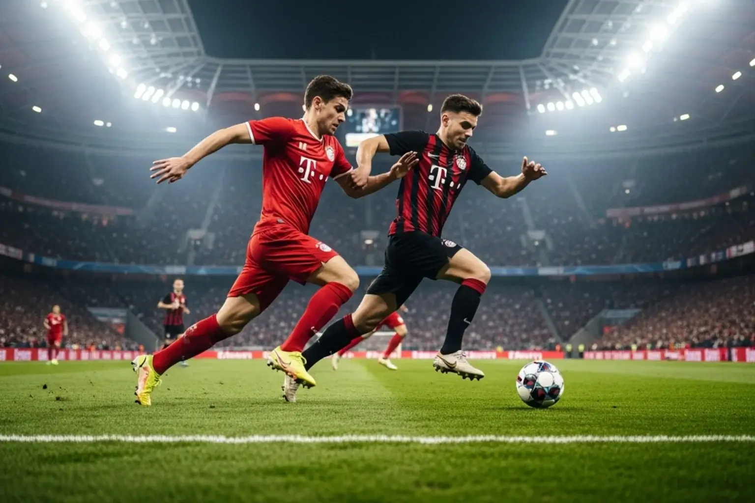 DFB-Pokal Halbfinale 2026 – Spieler im Zweikampf auf dem Rasen unter Flutlicht