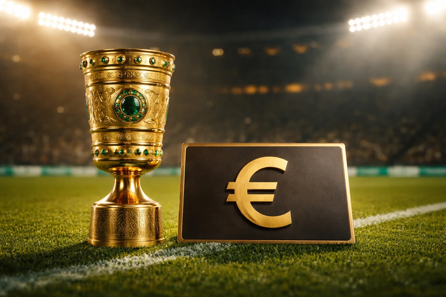 DFB-Pokal-Trophäe neben einer symbolischen Prämientafel mit Euro-Zeichen auf einem Fußballrasen