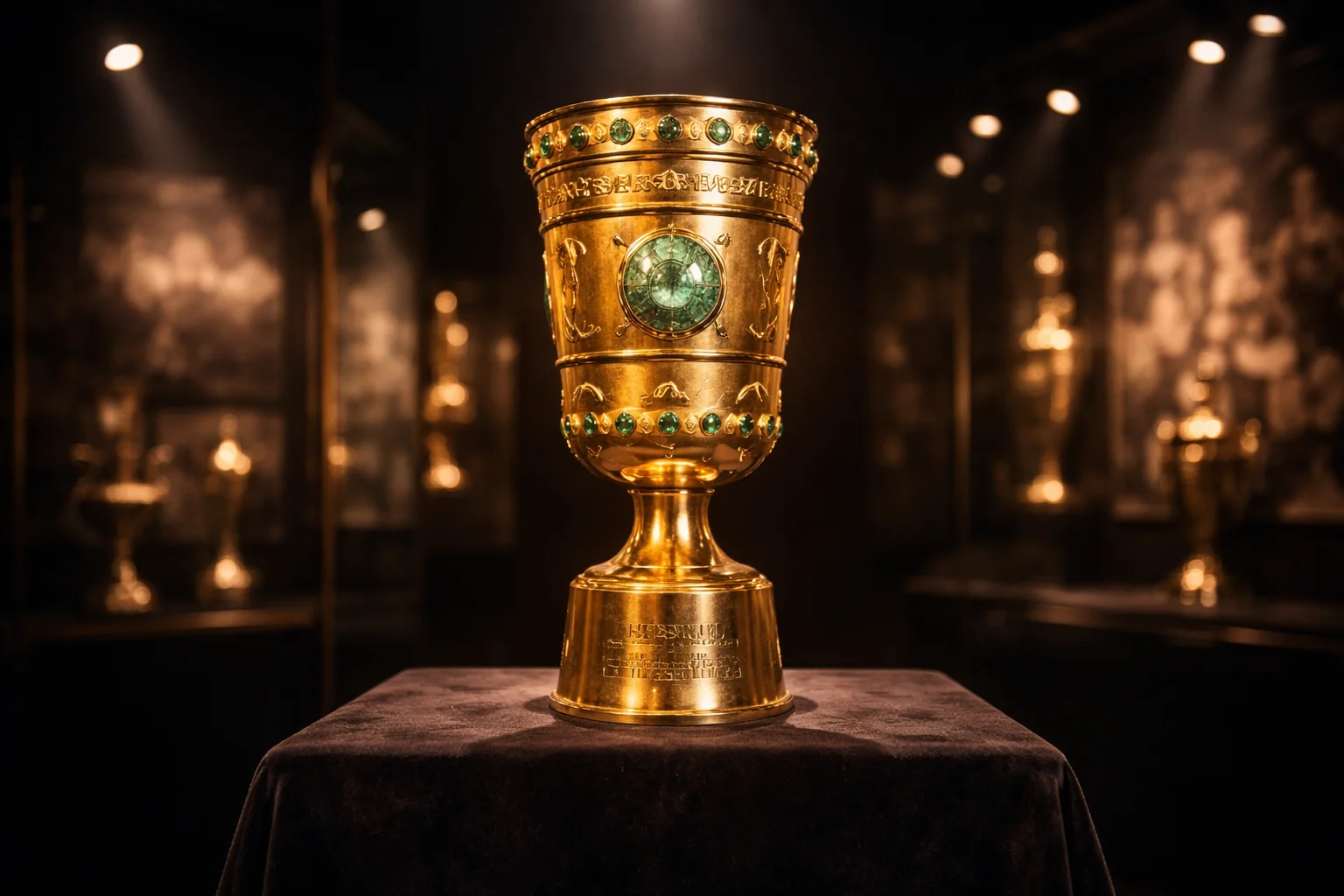 Der goldene DFB-Pokal auf einem Podest mit eingraviertem Vereinswappen, beleuchtet im Stadion