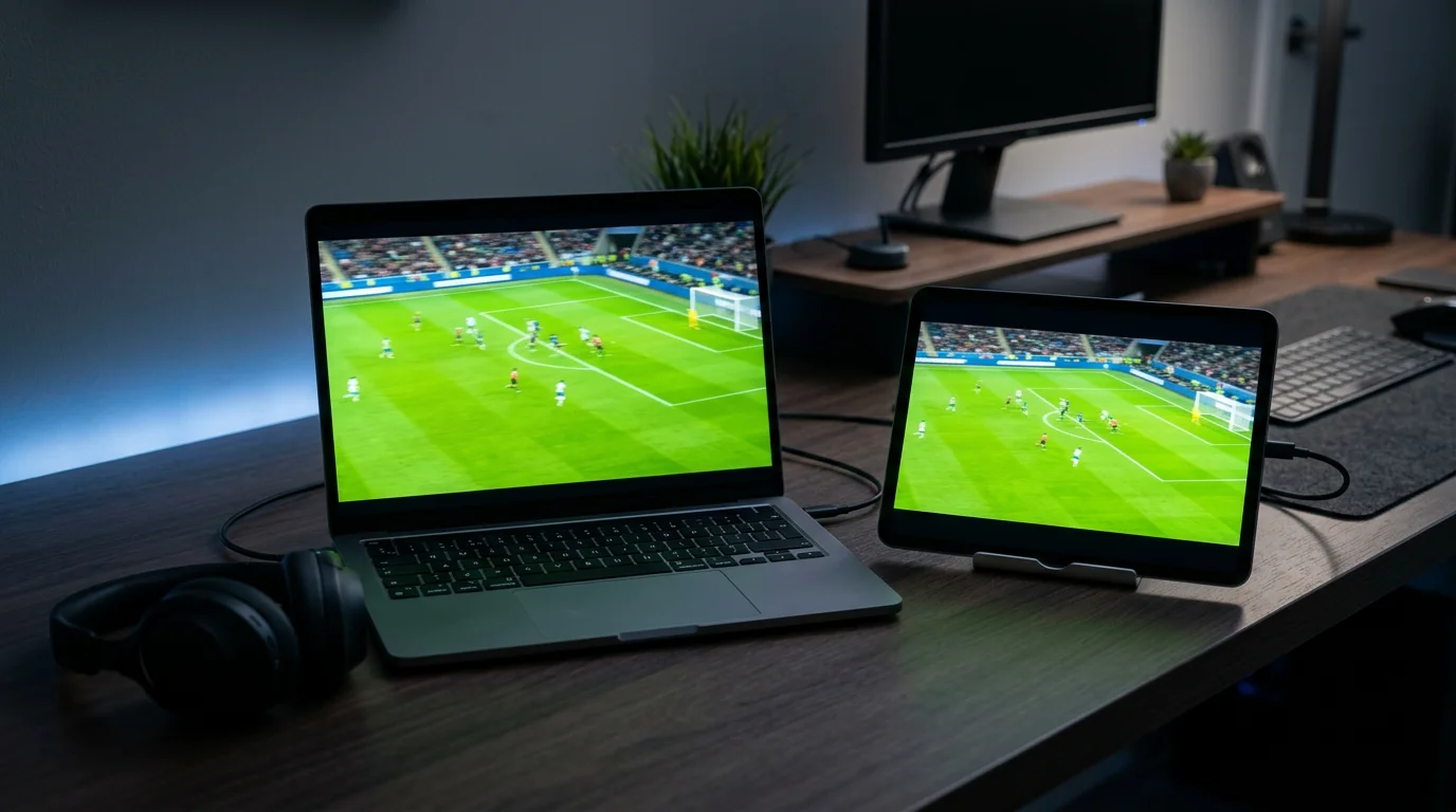 Laptop und Tablet zeigen ein Fußball-Livestream des DFB-Pokals auf einem Schreibtisch