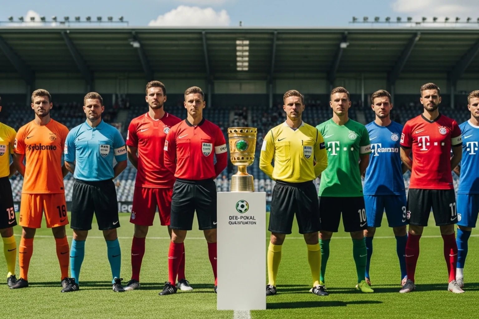 Mannschaftskapitäne verschiedener Vereine stehen nebeneinander auf einem Fußballfeld vor dem DFB-Pokal