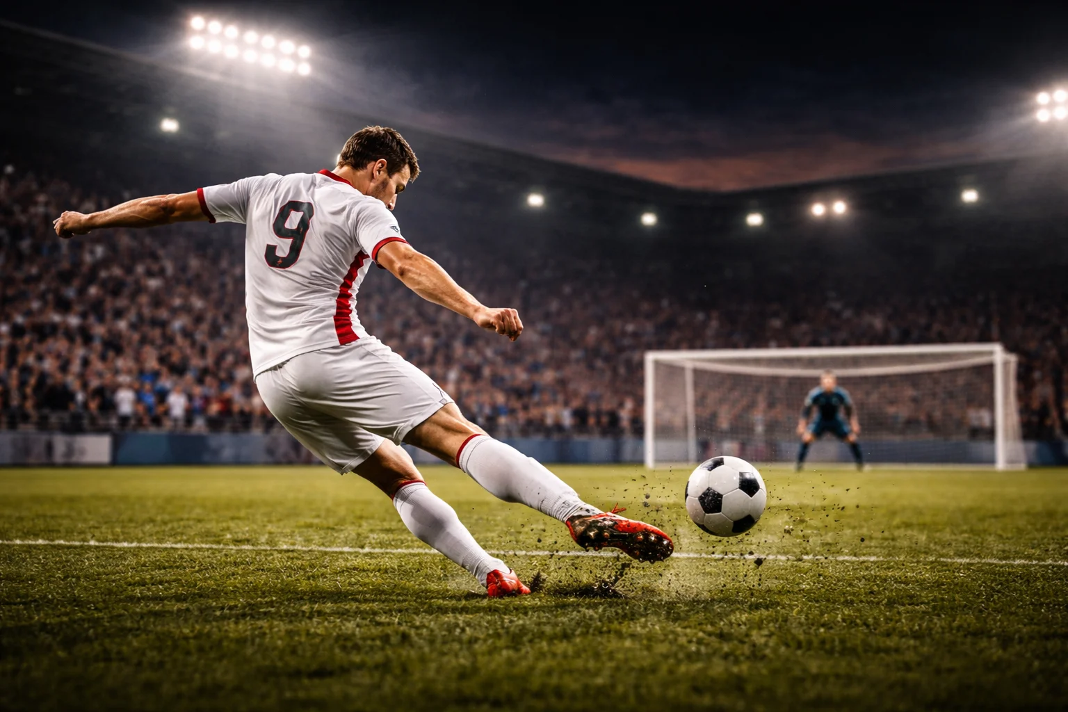 Fußballstürmer schießt kraftvoll aufs Tor im DFB-Pokal-Spiel unter Flutlicht