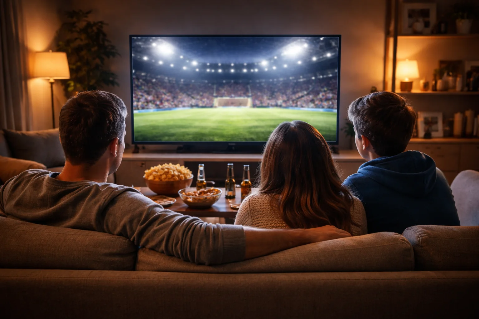 Familie schaut das DFB-Pokalfinale im Fernsehen auf einem großen Bildschirm im Wohnzimmer