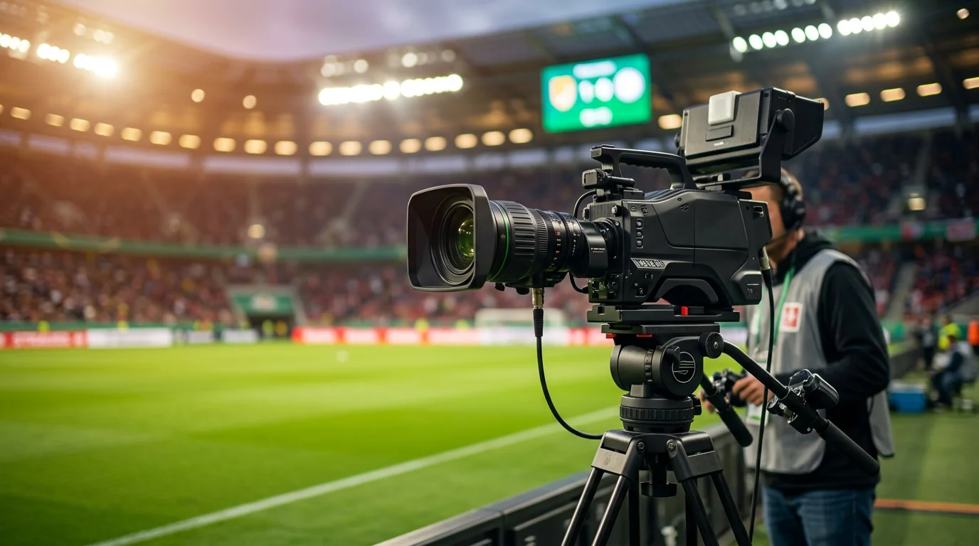 Professionelle TV-Kamera im Fußballstadion gerichtet auf das Spielfeld mit DFB-Pokal-Branding