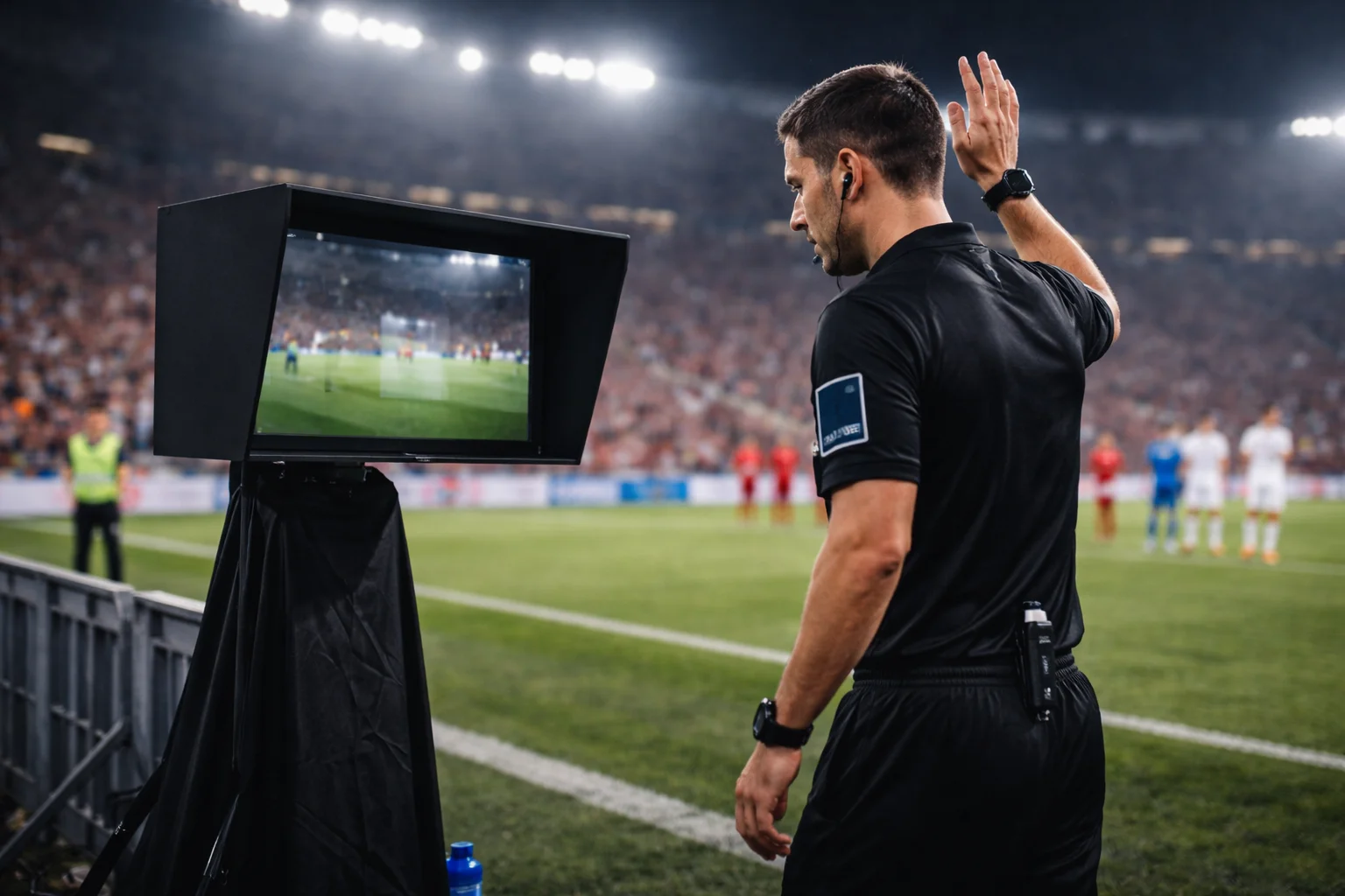 Schiedsrichter steht vor dem VAR-Bildschirm am Spielfeldrand bei einem DFB-Pokal-Spiel