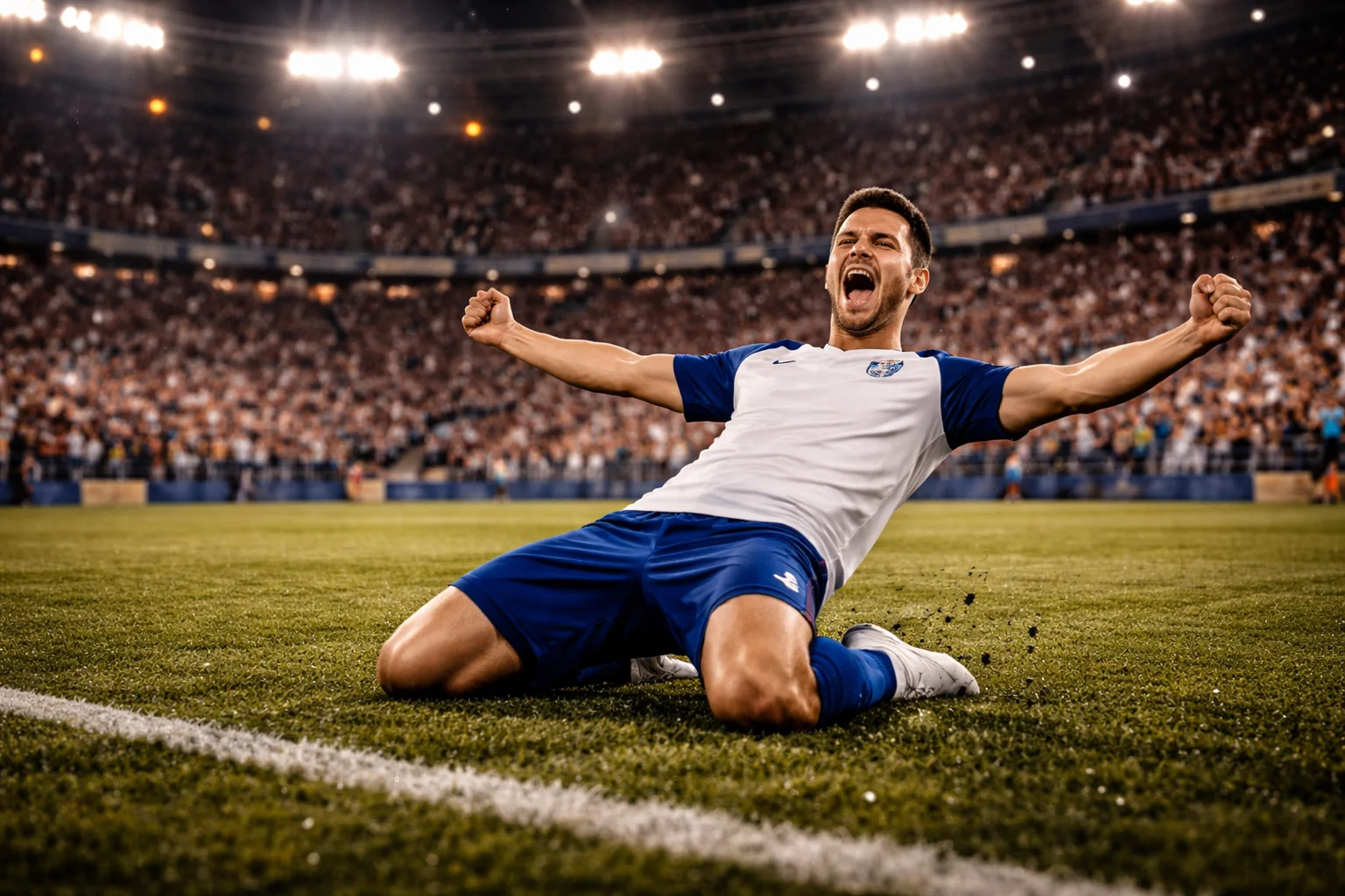 Fußballspieler feiert ein Tor im Viertelfinale des DFB-Pokals mit ausgestreckten Armen vor Fans