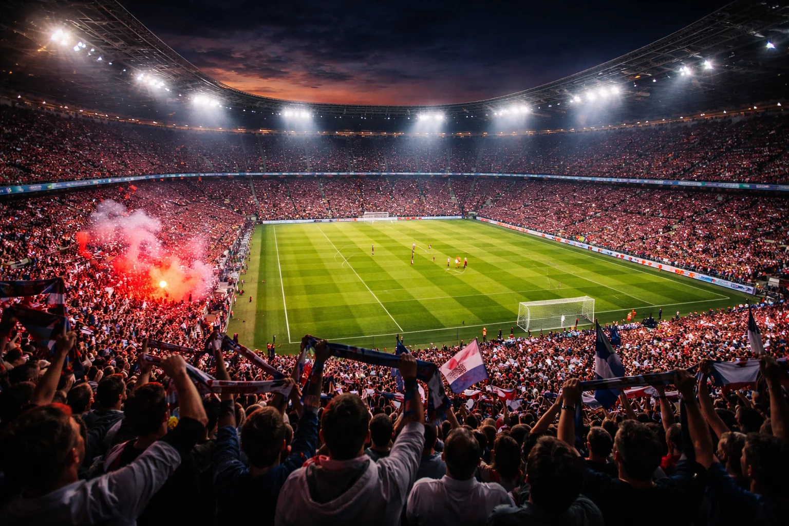 Vollbesetztes Fußballstadion mit begeisterten Fans bei einem DFB-Pokal-Spiel unter Flutlicht