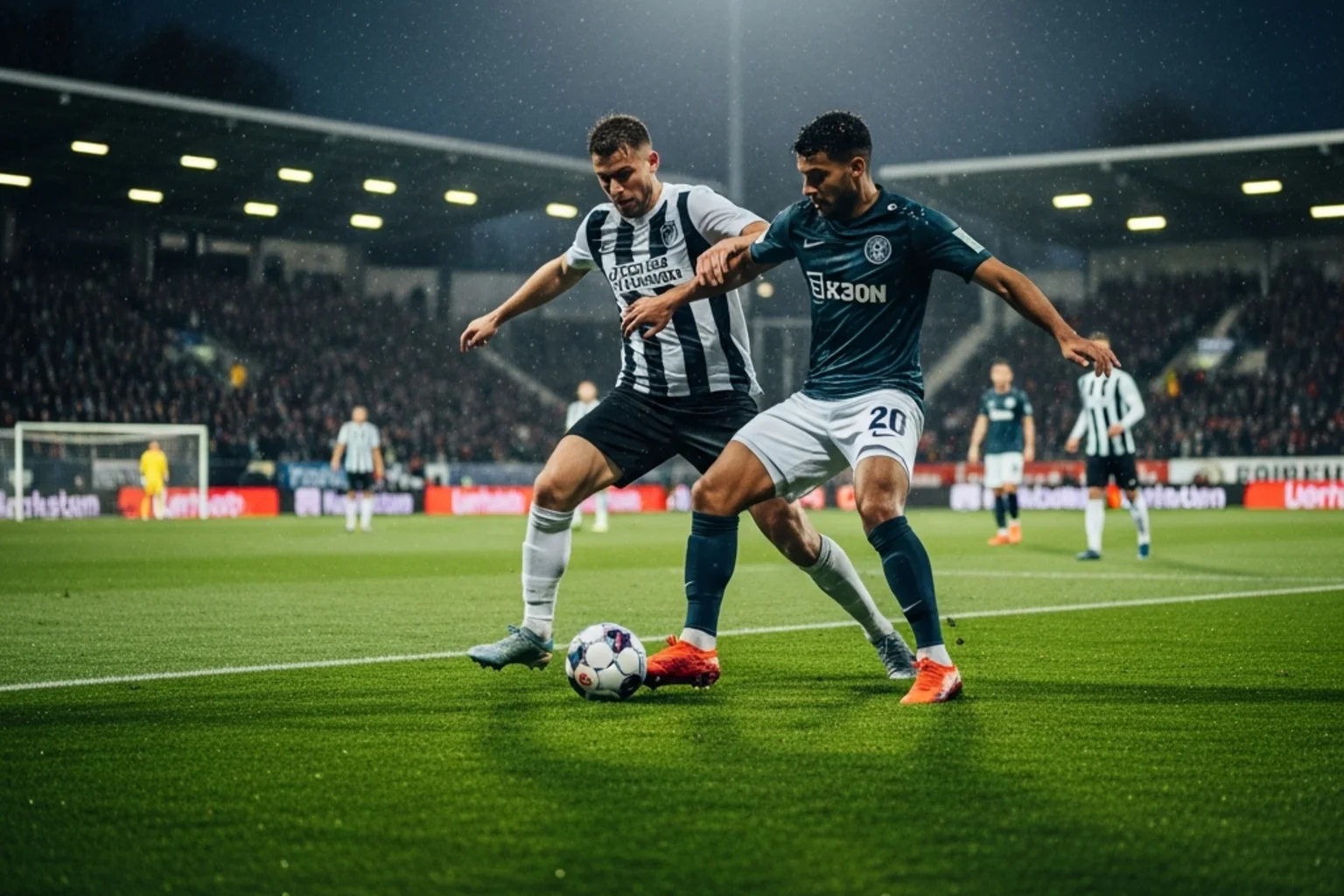 Fußballspieler im Zweikampf während eines intensiven DFB-Pokal-Spiels unter Flutlicht