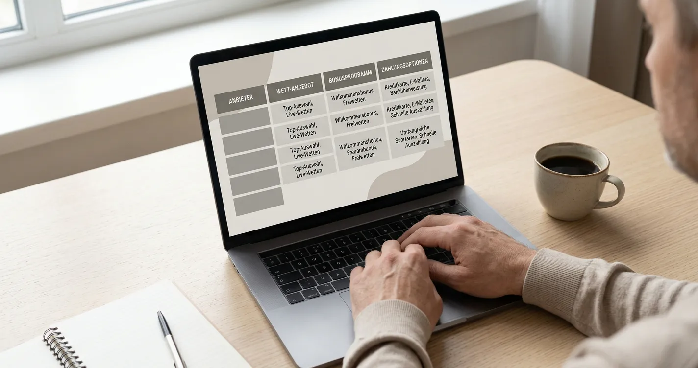 Person analysiert Wettanbieter-Vergleich auf Laptop-Bildschirm