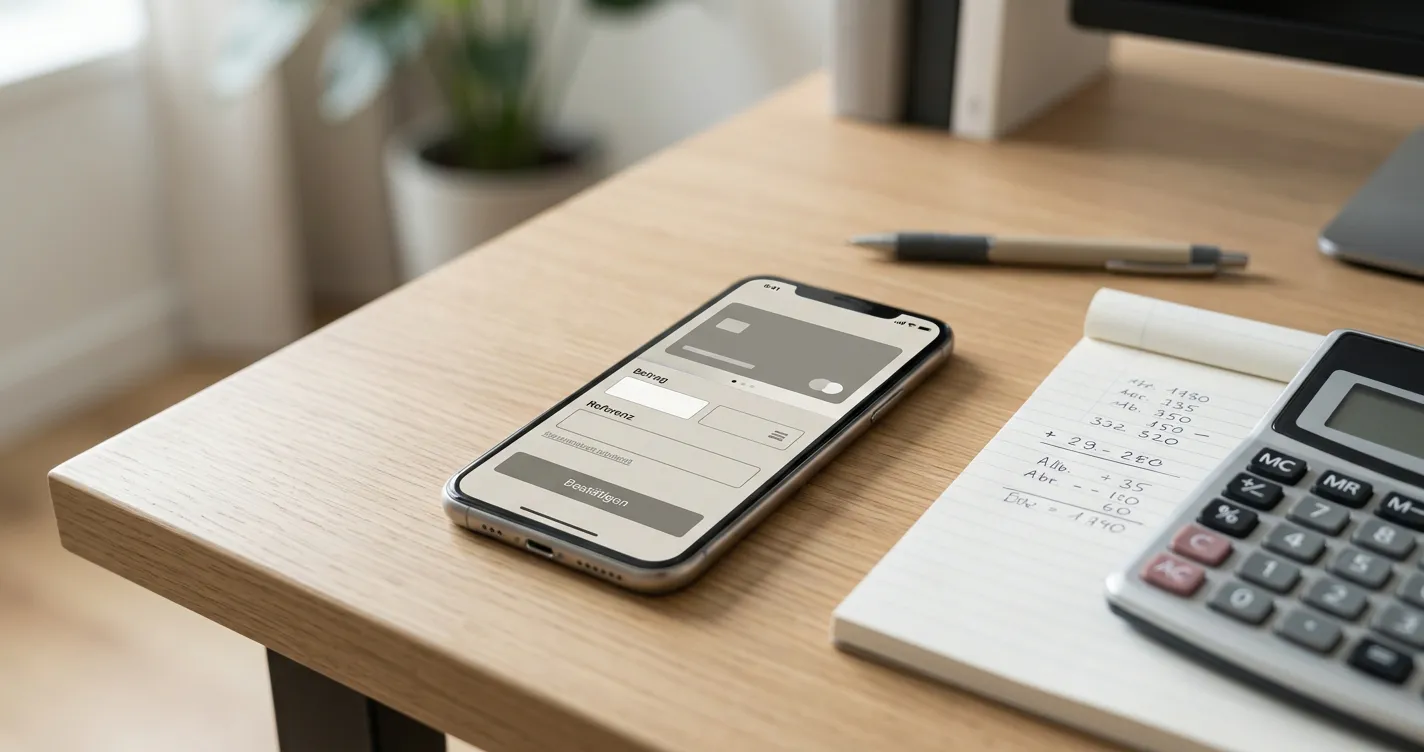 Smartphone mit Zimpler-Zahlungsschnittstelle auf Schreibtisch mit Notizen und Taschenrechner