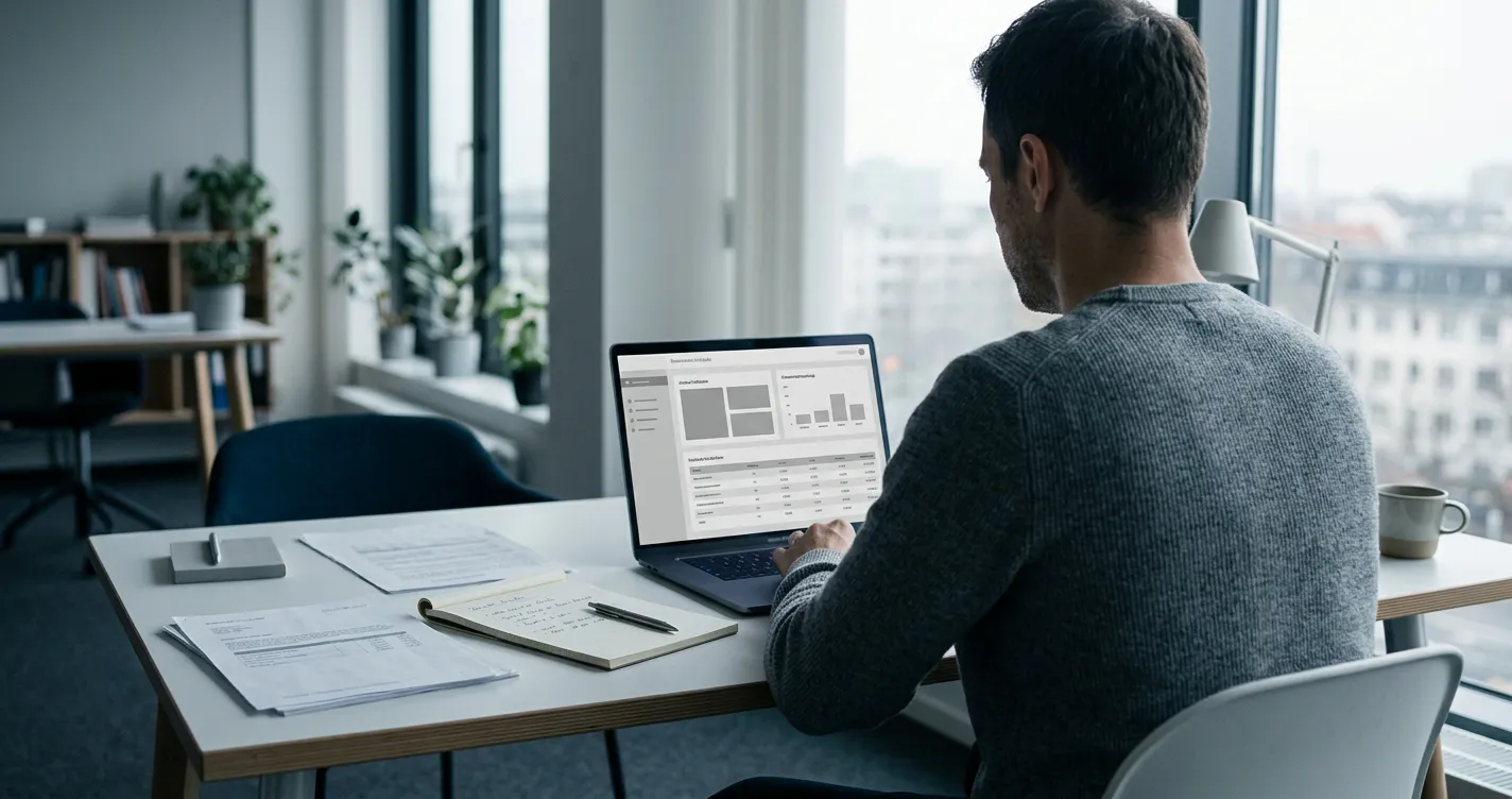Person analysiert Wettanbieter-Vergleich am Laptop in ruhiger Arbeitsumgebung