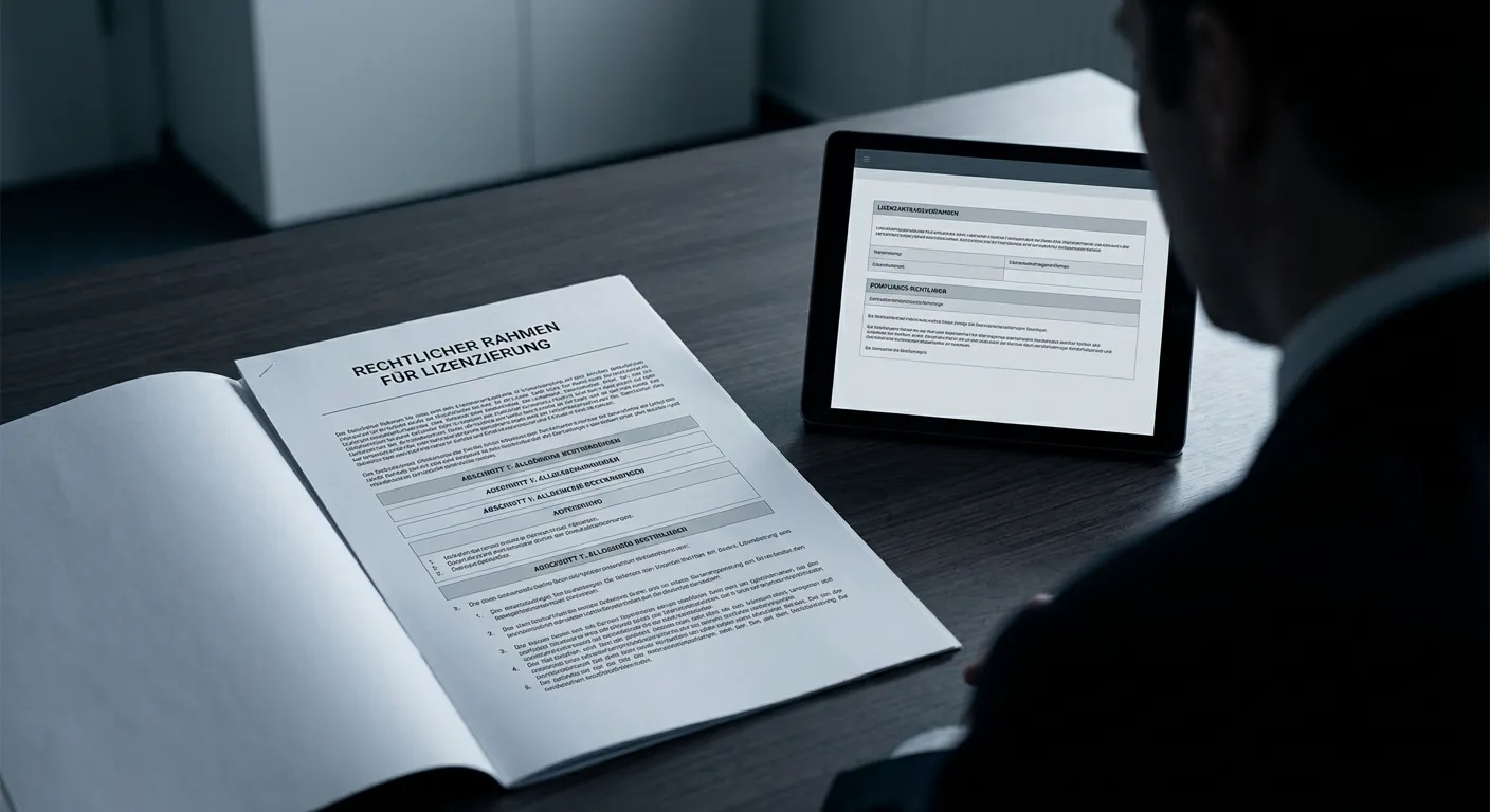 Dokumente und Tablet mit abstrakten Rechtsvorschriften zum deutschen Glücksspielmarkt