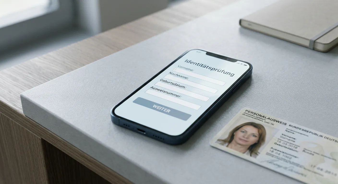 Smartphone mit Verifizierungsformular neben einem Ausweisdokument