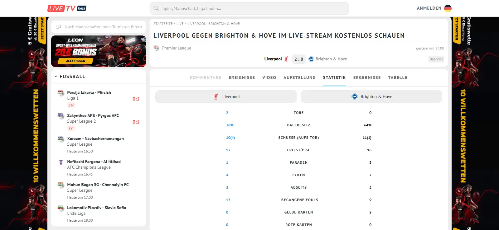 Spielseite mit Kopfbereich, Statistik und direktem Vergleich der Teams