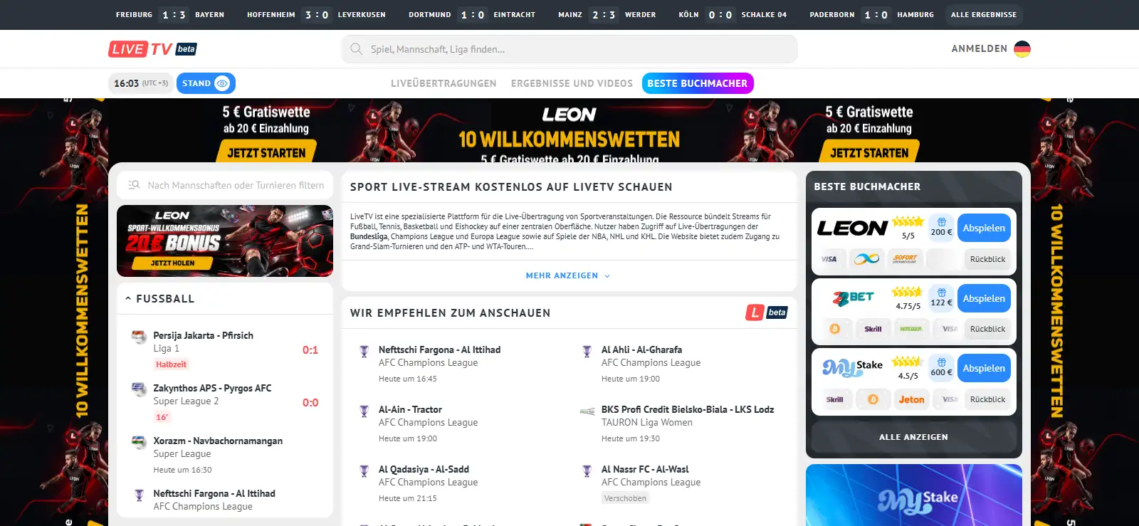 Startseite mit Spielstands-Karussell, Seitenleiste mit Live-Widgets und Sprachumschalter