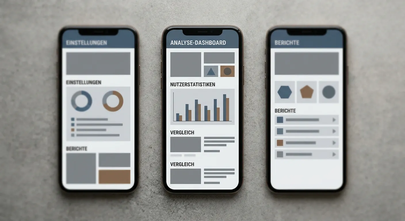 Mehrere Smartphones nebeneinander mit unterschiedlichen App-Oberflächen im Vergleich