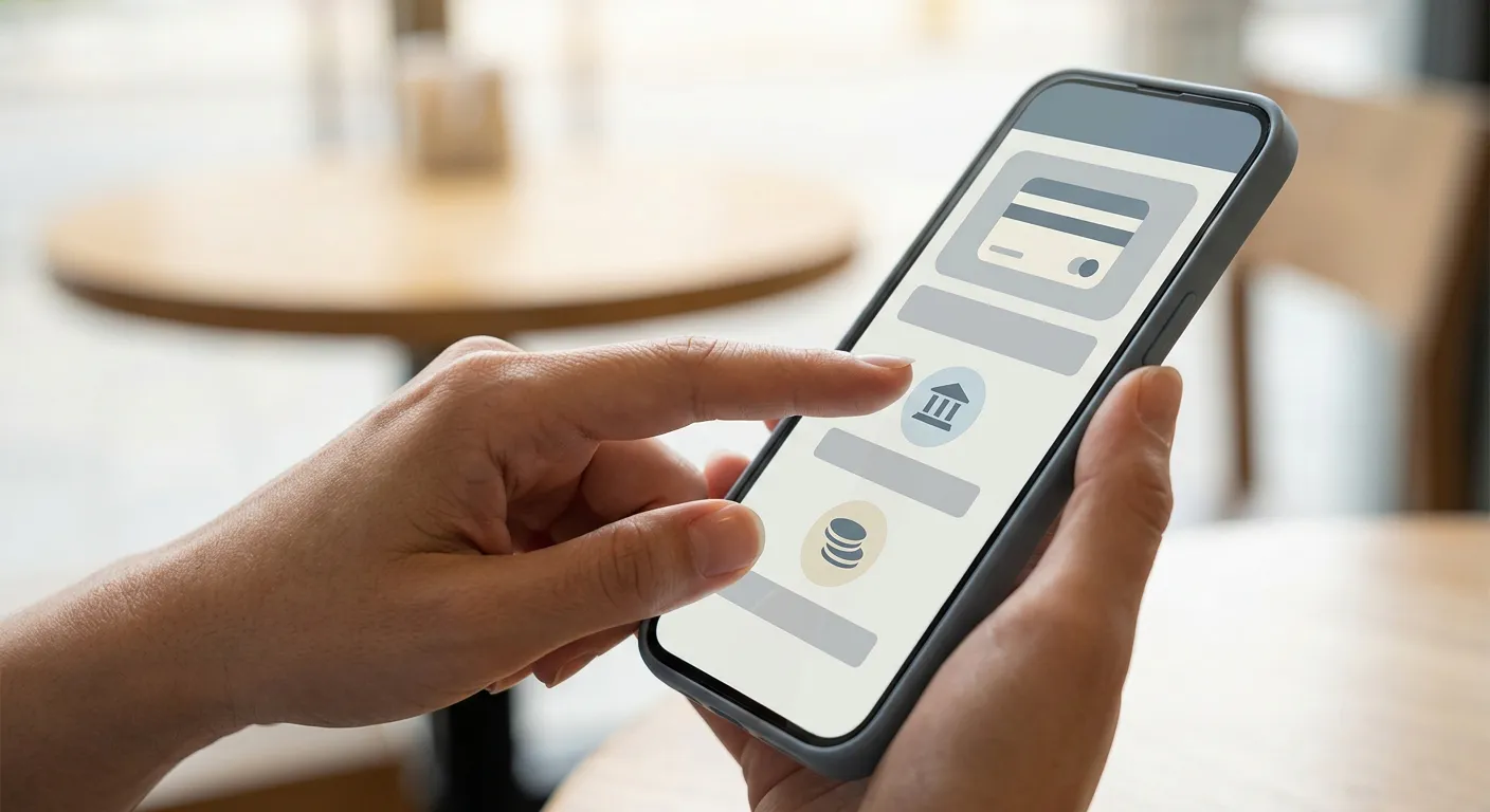 Hand tippt Zahlungsoption auf Smartphone-Display mit abstrakten Symbolen