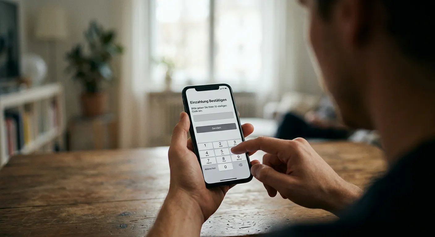 Person gibt Prepaid-Code in Zahlungsformular auf Smartphone ein