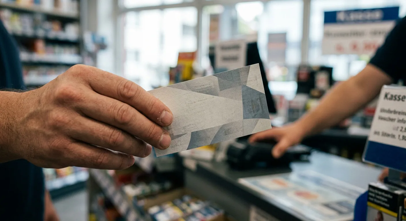 Anonyme Hand hält generischen Prepaid-Gutschein vor Kiosk-Kulisse