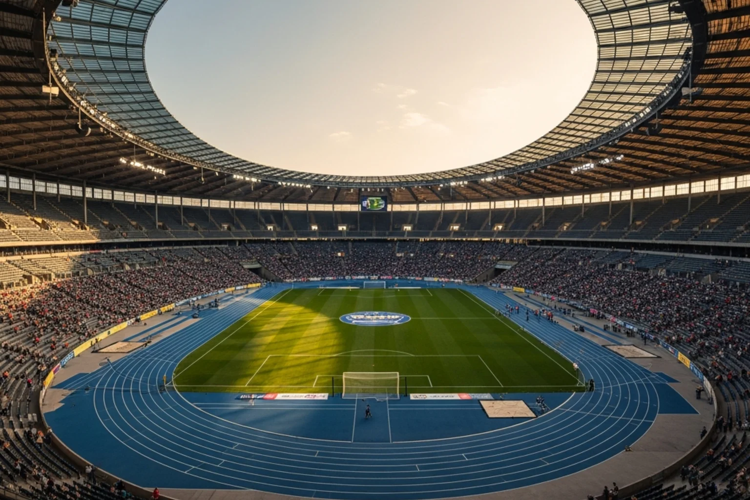 Olympiastadion Berlin bei Nacht mit Flutlichtbeleuchtung vor einem DFB-Pokalfinale