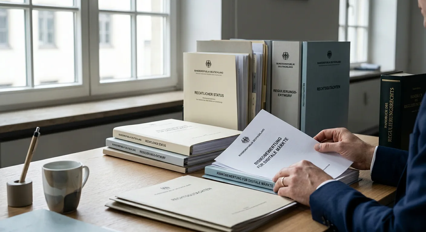 Gesetzestexte und behördliche Dokumente auf Schreibtisch bei gedämpftem Licht
