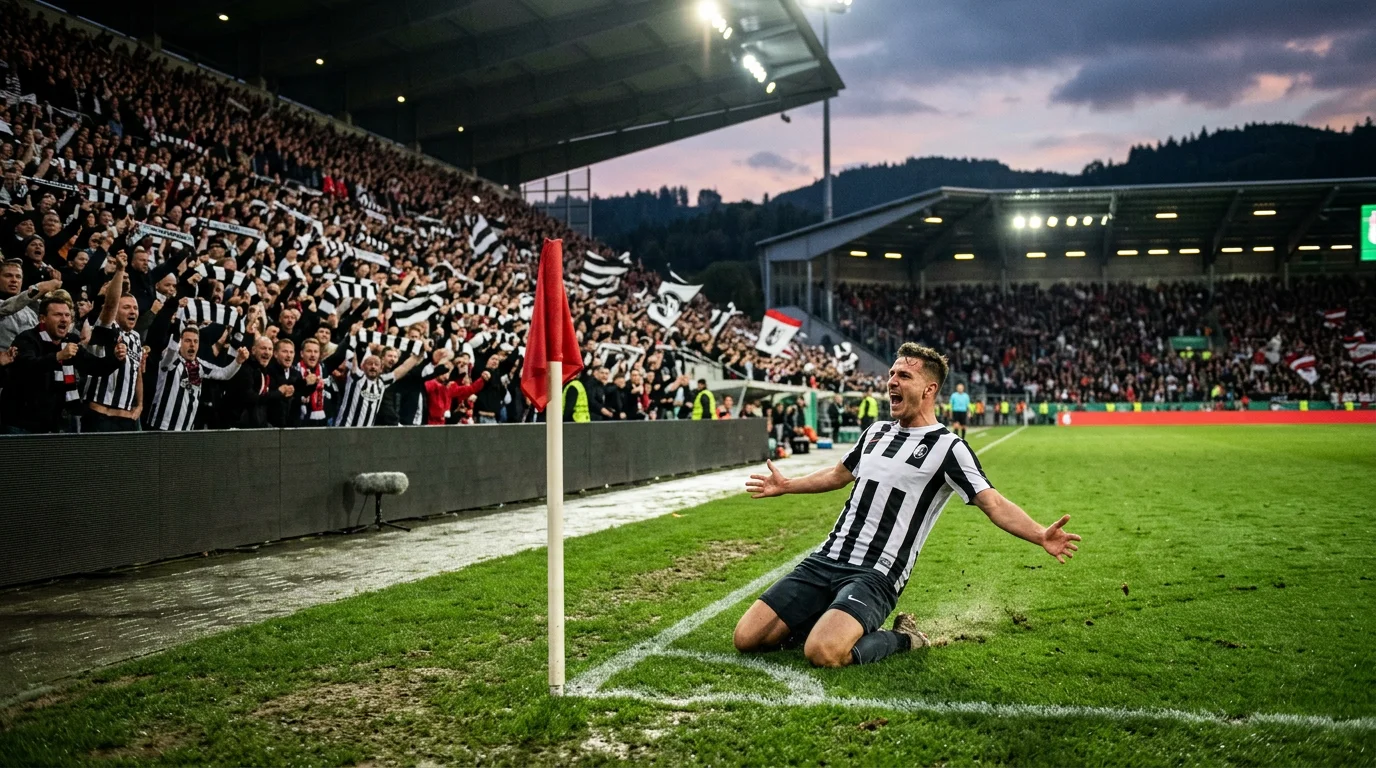 Fußballspieler in schwarz-weißem Trikot bejubelt ein Tor vor begeisterten Fans im Stadion