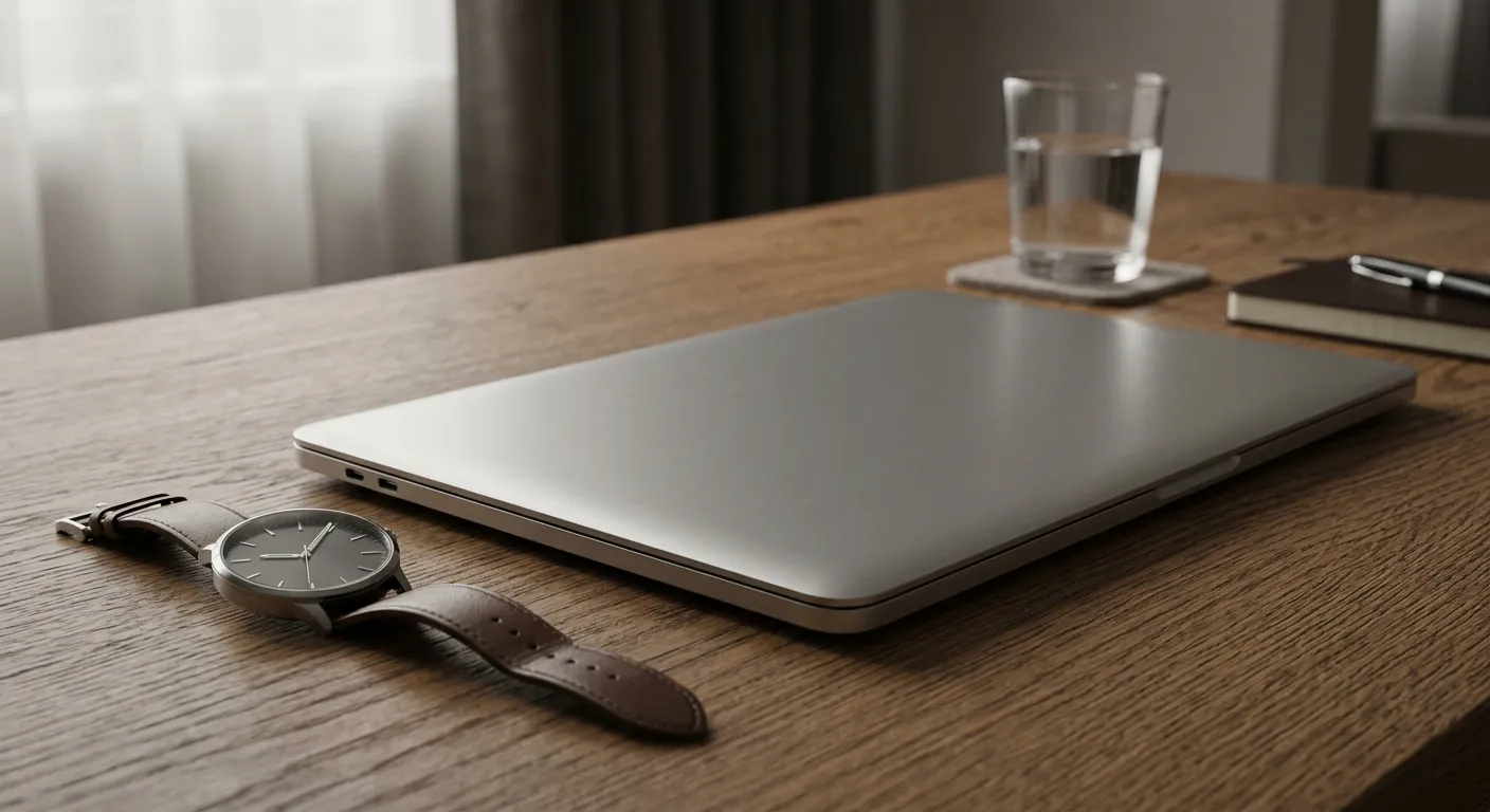 Geschlossener Laptop und Armbanduhr symbolisieren bewusste Pausen und Selbstkontrolle
